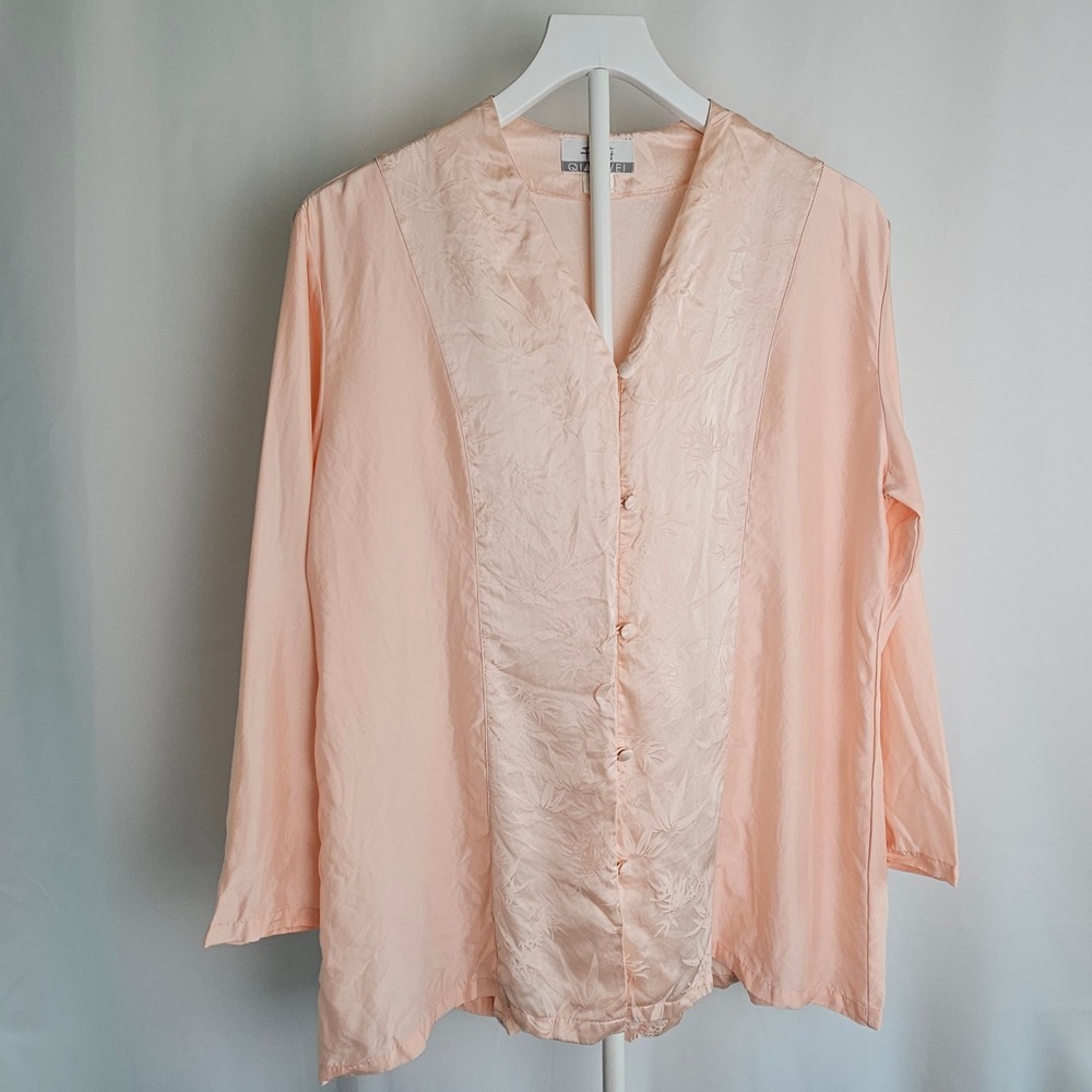 Qianwei 100% Silk Blouse Peach Jacquard Floral Button Front Shirt Womens Large